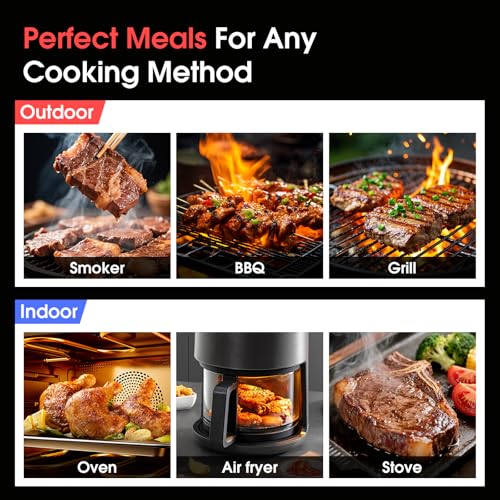 BBQOVN Smart WiFi Wireless Meat Thermometer, Sub-1G 656FT Range, 7-Sensor Probe, Standalone LED Base, IP68 Waterproof, APP Remote for BBQ Grill Smoker Oven