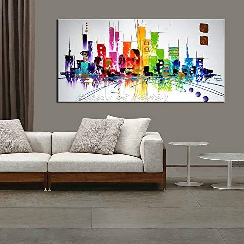Hand Painted Oil Painting On Canvas,Abstract Landscape New York Skyline Cityscape Architecture Green Yellow Purple Wall Picture Modern Art Oil Painting For Living Room Home Decoration 60×120Cm