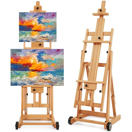 VISWIN Studio H-Frame Easel, Tilting Flat & Adjustable Beech Wood Art Easel for Painting, Movable Large Easel Stand for Adults, Artists, Hold 1 or 2 Canvas up to 78