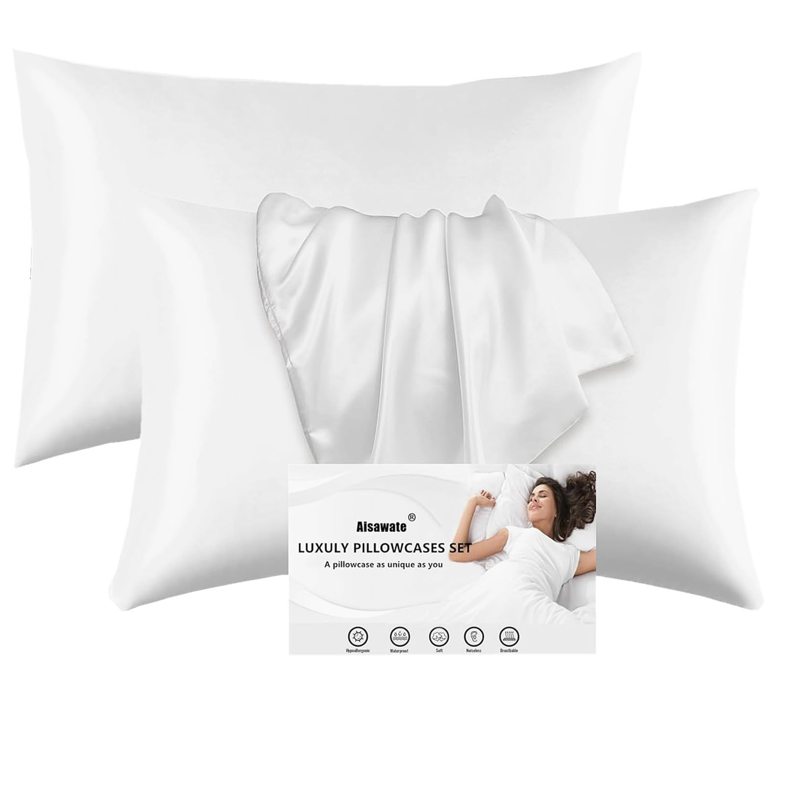 White Satin Pillowcase for Hair and Skin - Softer Than Silk Pillowcase, Pillow Cases 2 Pack with Envelope Closure, Gifts for Women, Queen & Standard Size 50 x 75 cm