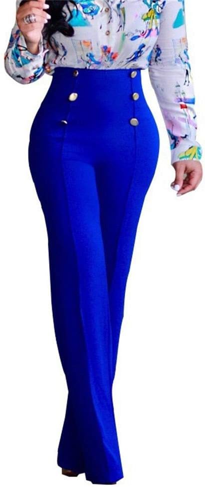 Women's Elegant Button up High Waist Stretchy Flared Wide Leg Pants Trousers Plus Size Blue