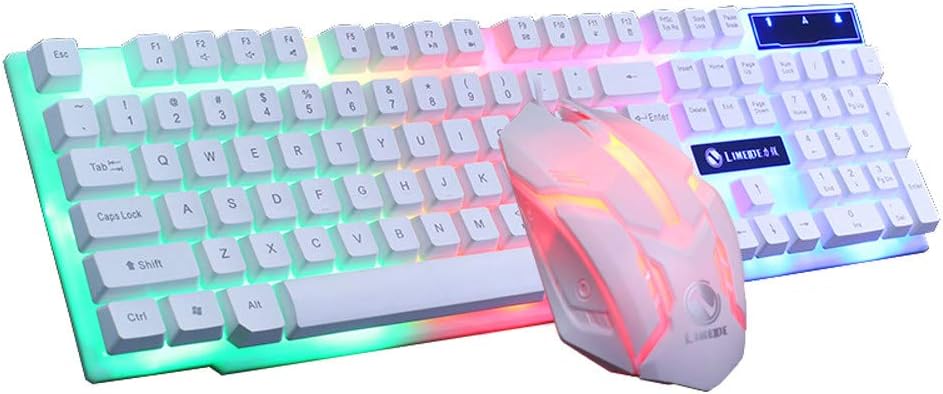 Cloudro Gaming Keyboard Mouse Set,Colorful LED Illuminated Backlit USB Wired PC Rainbow Gaming Keyboard Mouse Set (White)