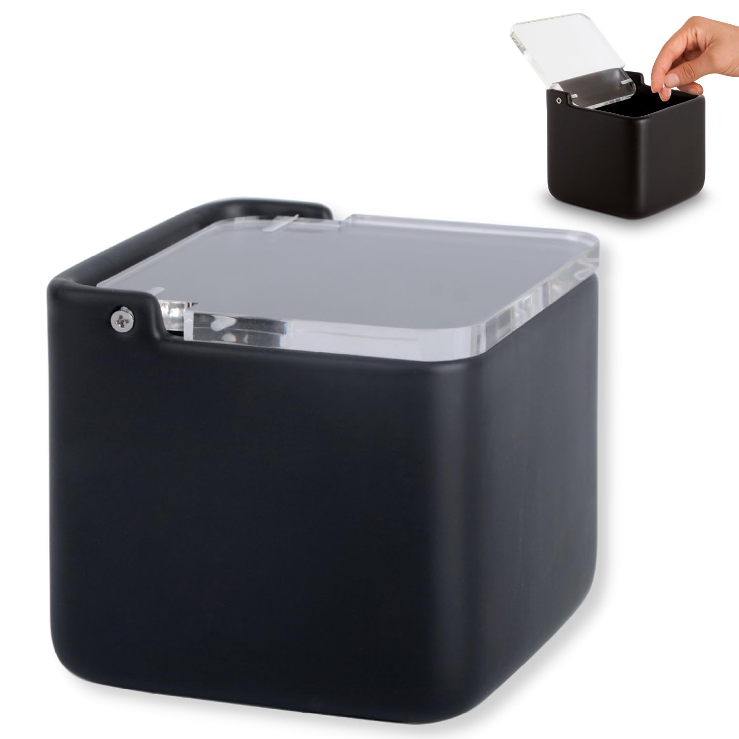 KOOK TIME Kitchen Salt Pot | Ceramic Salt Box with Clear Acrylic Lid, Perfect for Coarse Salt and Fine Salt. Ceramic Colour: Black, 11.2 x 11.2 x 11.2 cm.