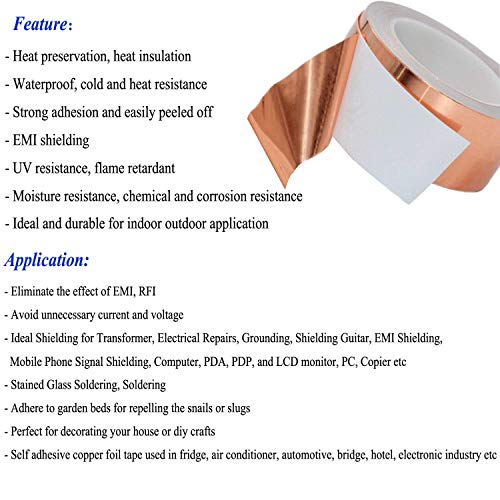 2 Inch Copper Foil Tape ( 16 Feet Long ), Double Sided Conductive Adhesive Cooper Tape for Guitar EMI Shielding, Slug Repellent, Crafts, Electrical Repairs, Grounding