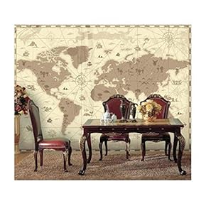 Brown Vintage World Map with Compass and Fun Cute Landscape and Mystical Animals Icons - Wall Mural, Removable Sticker, Home Decor - 66x96 inches