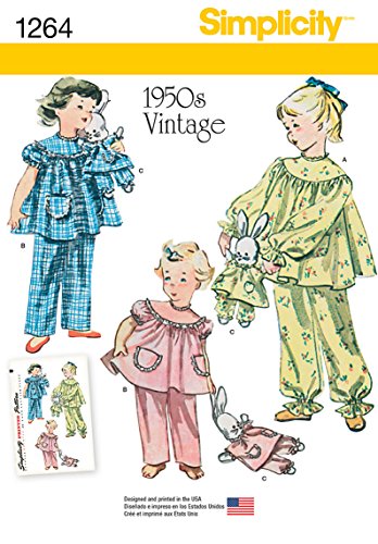 Simplicity Creative Patterns 1264 Child's Vintage Pajamas and Stuffed Bunny with Pajamas, Size: A 3-4-5-6-7-8