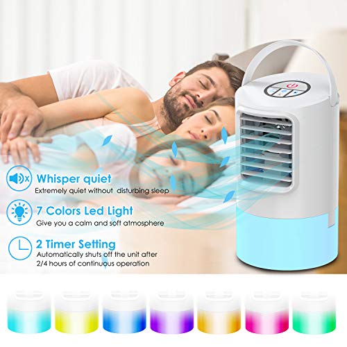 BOYON Portable Air Cooler, Evaporative Air Cooler, Personal Air Conditioner Fan with Timer, Handle, 3 Speeds, 7 Night Lights for Home, Office and Room (White)