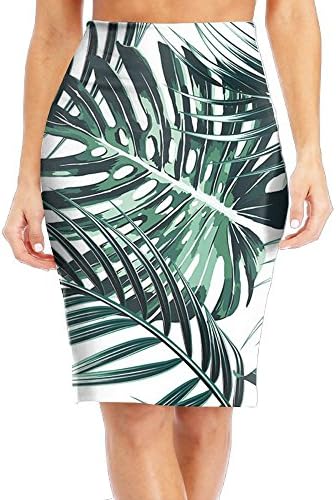 Wangqi Palm Tree Leaves Women's Elastic Stretchy Short Pencil Skirt Above The Knee