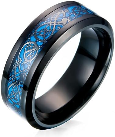 JINSHIYINYU Men's 8mm Black Carbon Fiber Black Celtic Dragon Luminous Effect Ring Band Glow in The Dark