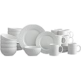 Pfaltzgraff Sylvia Dinnerware Set 32-Piece Service for 8 - White Porcelain Dinner Plates, Salad Plates, Soup Bowls and Mugs with Embossed Scrollwork