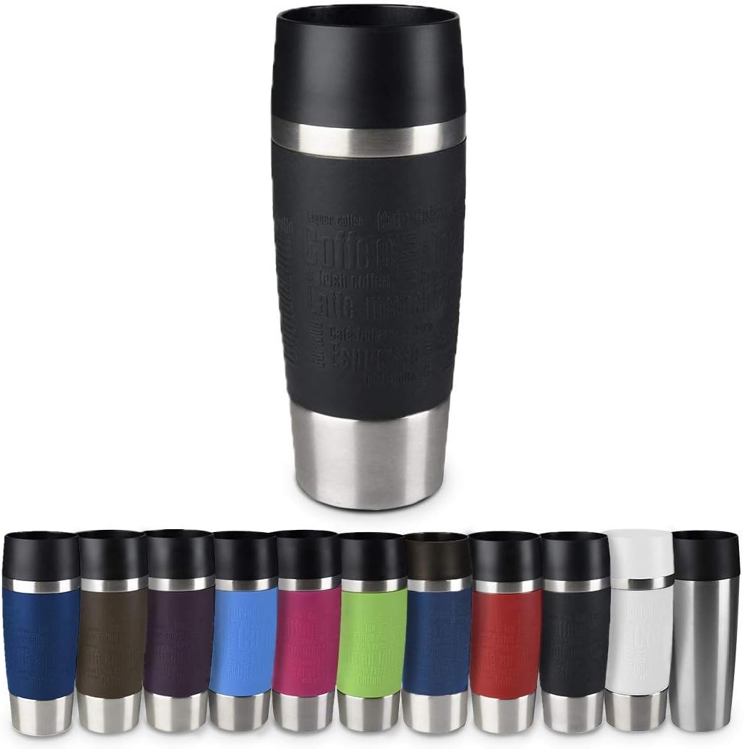 Emsa 513361 Travel Mug Thermo-/Isolierbecher, Fassungsvermögen: 360 ml, hält 4h heiß/ 8h kalt, 100% dicht, auslaufsicher, Easy Quick-Press-Verschluss, 360°-Trinköffnung, schwarz