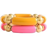 LALAPPLE Gold Plated Beaded Acrylic Bamboo Tube Bangle Bracelets for Women, Colorful Chunky Curved Tube With Gold Plated Pieces Beads Stretch Bracelet Friendship Summer Beach Jewelry