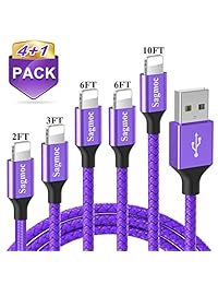 Phone Charger Cable Purple with Highspeed - Sagmoc USB Charging Cord Nylon Braided 4+1Pack (10FT 2FT 6FT 3FT 2FT) Compatible with XS XS MAX XR X 8 8Plus 7 7Plus 6 6Plus 6s 6sPlus 5 5s AIR PRO and Mor