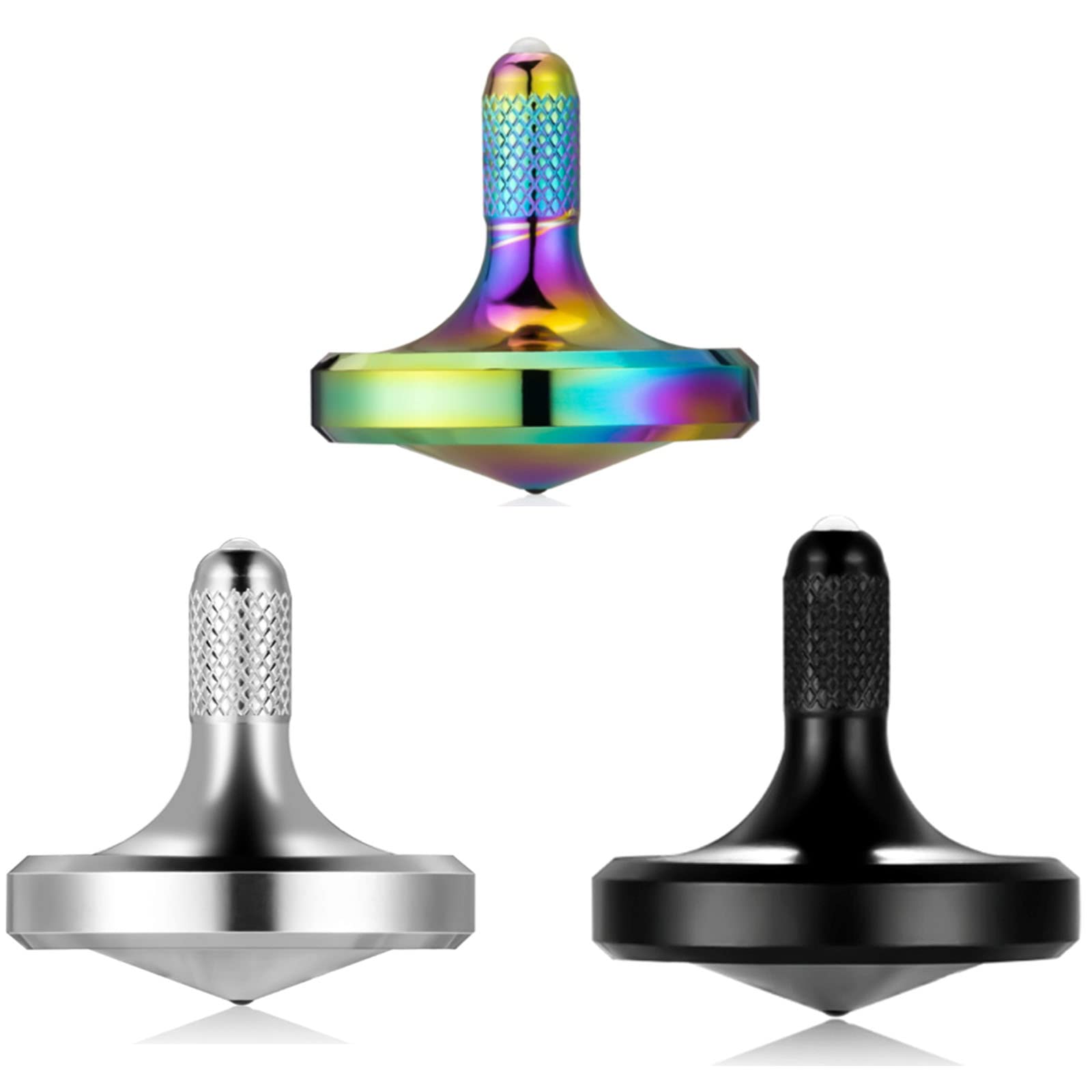 Metal Stainless Steel Spinning Top, Well Made EDC Decompression Toy, Perfectly Balanced, Spin Smooth, Long Rotation Time, Helps Relieve Stress and Anxiety (3PCS Black+Silver+Iridescent/L)