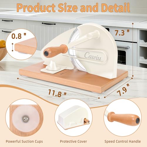 CAWIU Upgraded Manual Bread Slicer for Homemade Sourdough Bread - Adjustable Thickness Bread Cutter with Hand Crank, Suction Cups, Slicing Guide, Scale Line & Cover, for Perfect Even Slices (Cream)