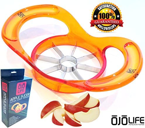 Unique Translucent Orange Heavy Duty Apple Slicer - Corer - Wedger - Multi Function Divider by OjoLife Innovations - Razor Sharp Stainless Steel Blades - PBA Free - Ergonomic Low Profile
