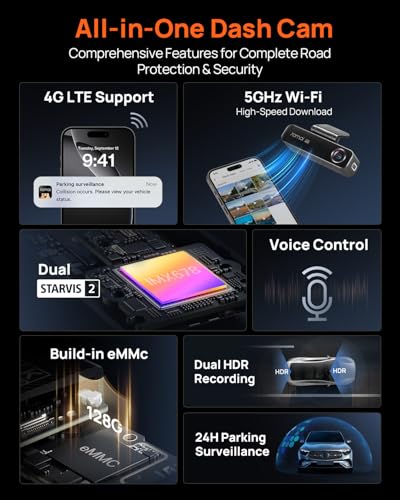 70mai M800 4K Dash Cam Front and Rear for Cars, STARVIS 2 IMX678 Super Night Vision and F1.7 Aperture, Dual HDR, 4G LTE & 5GHz Wi-Fi, Built-in 128GB eMMC, GPS, Voice Control, Monitor