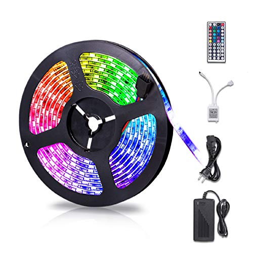 Led Strip Lights, 16.4ft 300 LEDs Waterproof Flexible Color Changing RGB 5050 LED Light Strip with Remote Control and 12V Power Supply, LED Lights for Bedroom Home Kitchen Indoor Outdoor Decoration