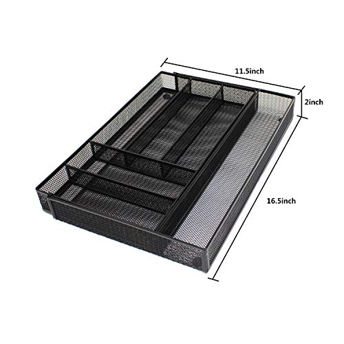 Iris'Home Expandable Silverware Organizer Mesh Cutlery Tray 7 Compartments. Kitchen Drawer Utensil Organizer Flatware Storage with Non-slip Foam Feet - Black