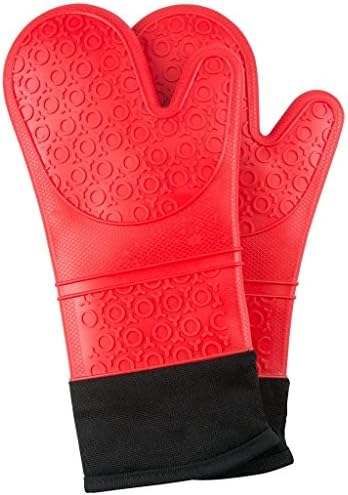 Portion Perfect Silicone Oven Mitts ,Medium-Large Extra Long Heat Resistant Potholder Gloves with Quilted Cotton Lined Silicone Kitchen Gloves [Set of 2] [Red]