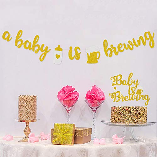 A Baby is Brewing Baby Shower Banner Gender Reveal Party Decoration Diaper Party Decor Pre-strung Gold Glitter Baby Brewing Sign with Beer & Baby Bottle Design