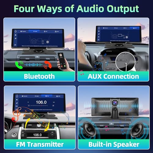 Écran Portable sans Fil 10.26" CarPlay Voiture avec 2,5K Dashcam & 1080P Caméra de Recul, Ecran Carplay MirrorLink, Navigation GPS, Siri G00gle Assistant Vocal, Bluetooth, FM, Aux, 64G TF Carte
