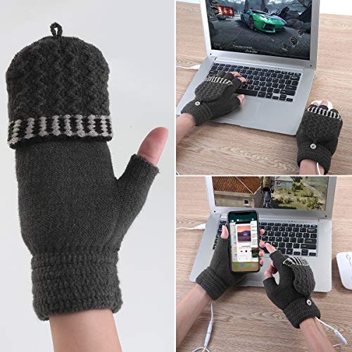 Unisex Women's & Men's USB Heated Gloves Mitten Winter Hands Warm Laptop Gloves,Yinuoday Full & Half Heated Fingerless Heating Knitting Hands Warmer Washable Design (Men Grey) - Thumbnail 7