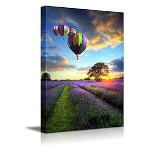 Canvas Prints Wall Art - Stunning Sunset with Hot Air Balloons Flying High Above The Lavender Fields - 12" x 18"