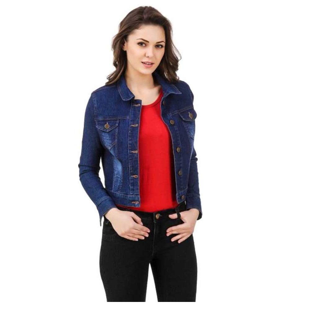 montrez denim full sleeves comfort fit regular collar blue jacket for women