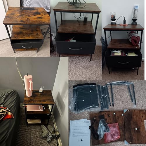 KAPEICamper Nightstand with Charging Station, Bed Side Table with Adjustable Fabric Drawer, Night Stand for Bedroom, 3-Tier Storage End Table, for Living Room, Rustic Brown and Black