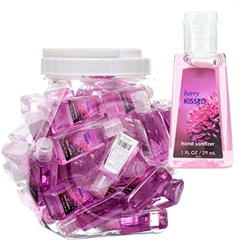 48 Mini Individual Hand Sanitizer Bottles In a Bowl Display. Perfect Size for Baby Shower Favors, Wedding Receptions Gifts, Baptism Goody Bags.1 floz Each. (Berry Kissed)