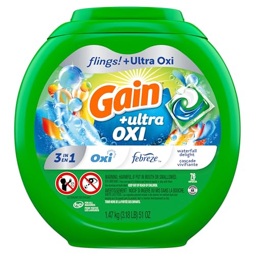 GAIN FLINGS ULTRA OXI LAUNDRY DETERGENT PACS, 76 COUNT, WATERFALL DELIGHT SCENT, 3-IN-1, HE COMPATIBLE