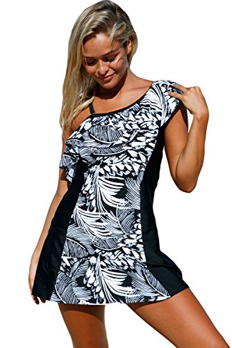 EVALESS Women's Ruffle One Shoulder Printed Swimdress and Black Panty Tankini Medium Black