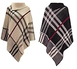 Women's Checked Knitted Winter Poncho Red Band Wrap Shawl Cape