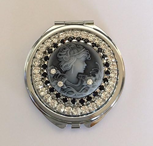 Glamour By Kim Vintage Look Black Cameo Beauty Crystal Bling Rhinestone Cosmetic Makeup Compact Mirror USA