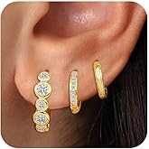 3Pairs Small Gold Huggie Hoop Earrings for Women,Romantic heart,Twisted braid two colors,3 CZ Hoop,5 Round Zircon Sport Hoops Earrings Set,14K Gold Filled Silver Hypoallergenic Earring Excellent gift