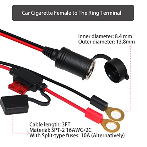[2 Pack] KUNCAN Car Cigarette Lighter Female Socket Extension Cable - O Ring Terminal Connector, Eyelet Terminal Harness Extension Charge Cable, Fused 10A 12V 3FT - Thumbnail 7