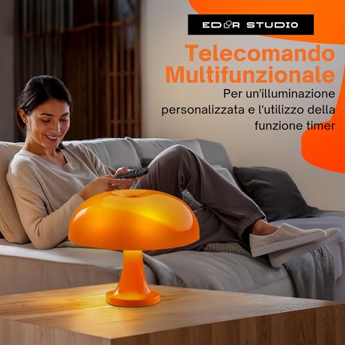 Wireless LED Bedside Lamp-Mushroom Lamp Vintage Design Space Age-Orange Table Lamp with Remote Control, USB Rechargeable Battery, 3 Colors, Touch Dimmer, Atmosphere Lighting