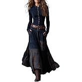 Womens Vintage Western Dress Long Sleeve Stand Collar Button Front Maxi Dress Casual Patchwork Western Cowgirl Flowy Dresses