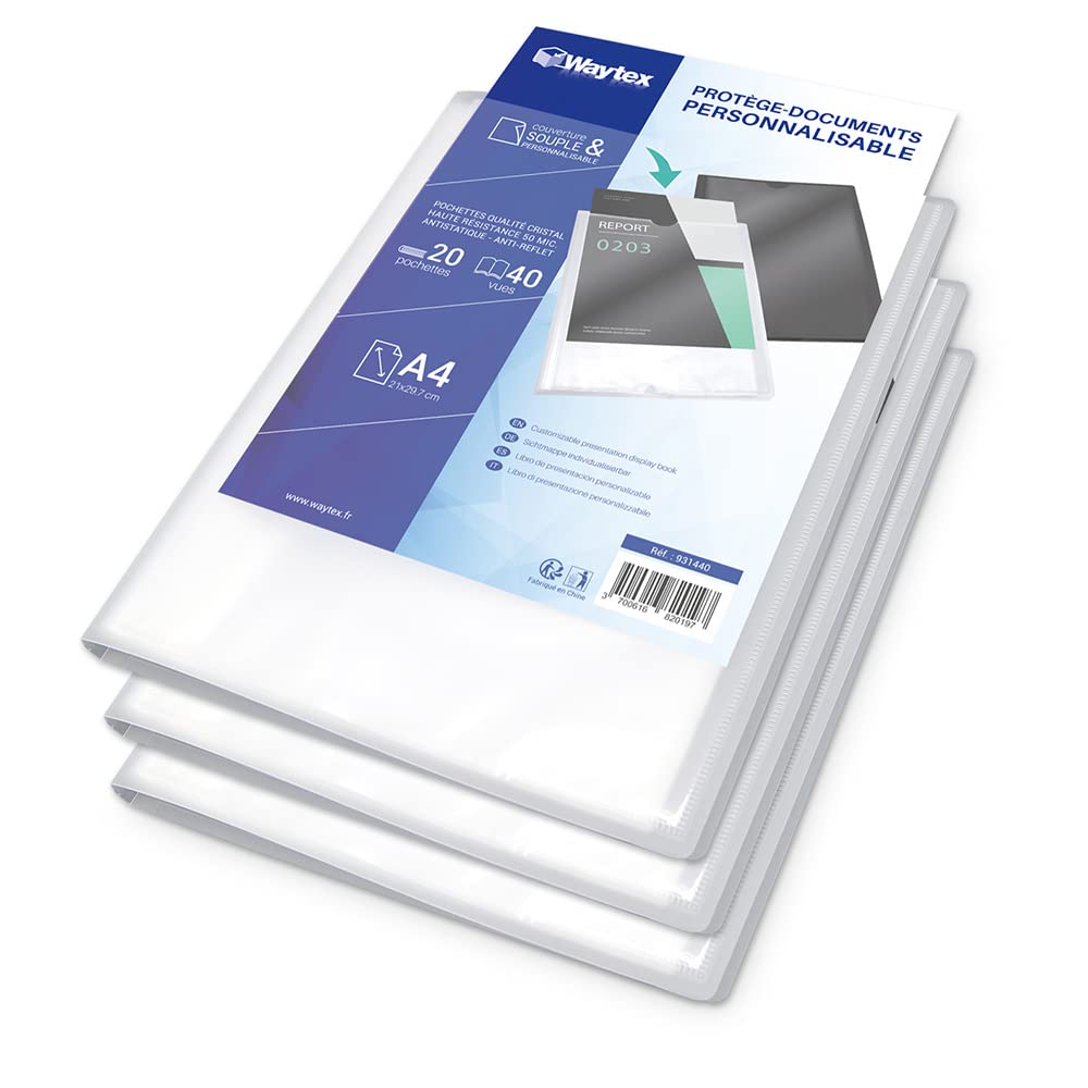 WAYTEX 931440P Document Protector A4 Customisable (Pack of 3) 40 Views 20 Pockets Polypropylene Cover Transparent