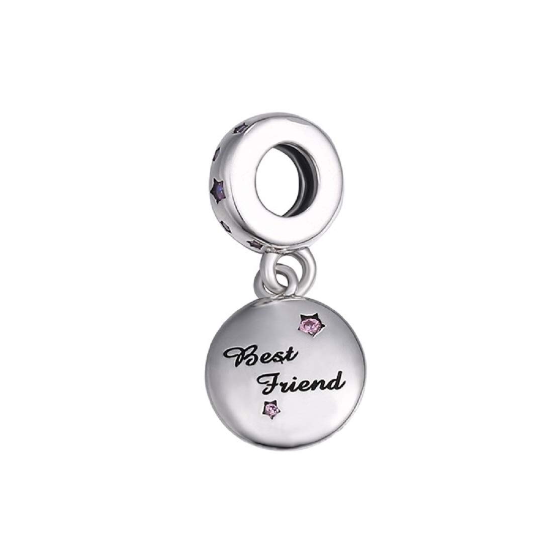 FeatherWish Friendship Round Disc Dangle Charm Engraved With Best Friend 925 Sterling Silver With Pink Cubic Zirconia - Compatible With Pandora Bracelet (Best Friend Dangle)