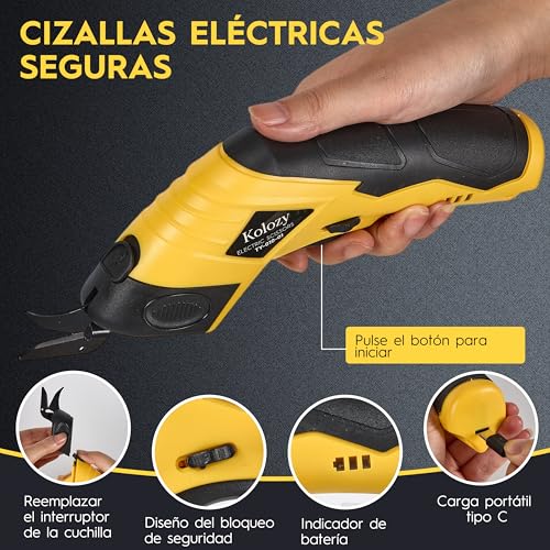 Kolozy Electric Scissors Sewing Cordless Rechargeable Cardboard Cutter 4V Battery 2500 mAh 10000 RPM with 2 Blades, Electric Cutter Suitable for Fabric Cardboard Carpets Felt Leather Plastic