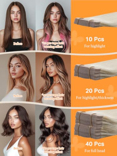 DOORES Natural Remy Straight Extensions, Platinum Blonde 35 cm 14 Inch 100 g 40pcs, Adhesive Extension Natural Hair Straight Skin Weft Remy Hair Extensions