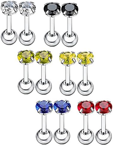 Joybeauti 4mm Unisex Stainlss Steel Cubic Zirconia Gem Barbell Tragus Earrings Cartilage Helix Stud Earrings Assorted Color Pack of 6 Pairs