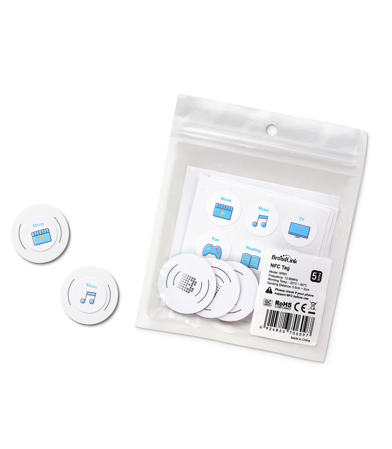 Broadlink Smart NFC Tag NTAG215 PVC Blank White Tags Compatible with Amiibo TagMo and NFC-Enabled Mobile Phones and Devices, 5-Pack