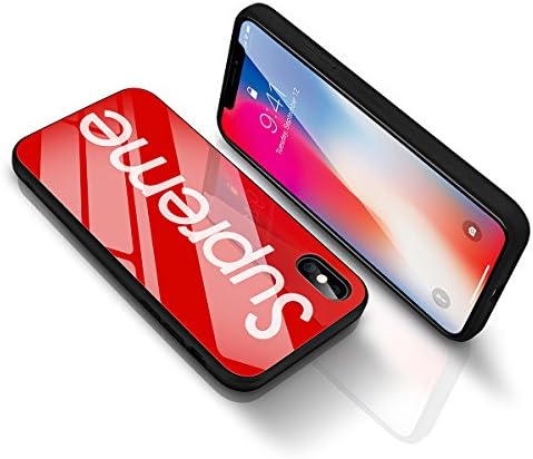 iPhone X Tempered Glass Back Case, B4Uebuy Supreme Fashion Hard Glass Back Cover Soft TPU Bumper Frame Anti-Scratch Anti-Fingerprints Protective Case for Apple iPhone X/iPhone 10(Red)