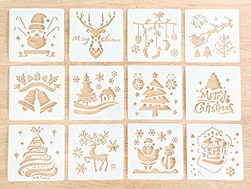 Kinteshun Christmas Bullet Journal Plastic Stencil Drawing Painting Template DIY Kit for Xmas Holiday Planner Album Scrapbooking Card Making(12pcs with Different Patterns)