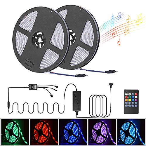 LED Strip Lights Sync to Music, Kdorrku 32.8Ft Flexible Self-Adhesive Sound Activated RGB Mood Light Strip Color Changing 300LED SMD5050 Rope Light IP65 IR Remote 12V for Indoor Outdoor Bar Festival