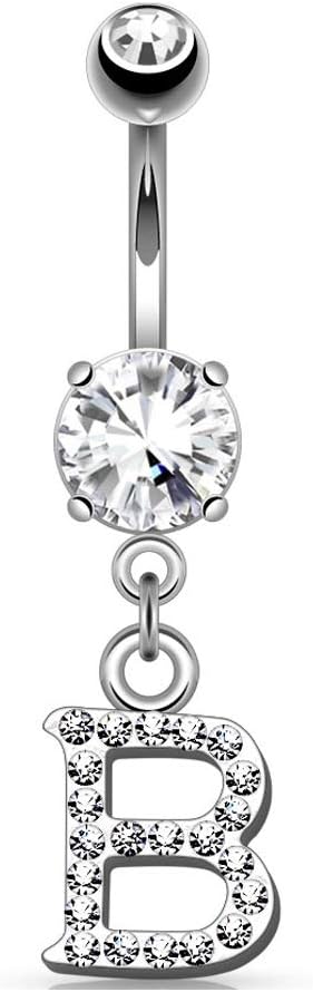 Dynamique14GA Sparkly Clear Gem Paved Initial Dangle Belly Button Ring