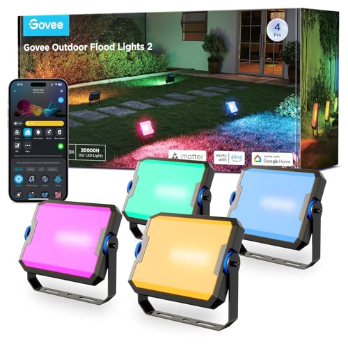 Govee 4 x Outdoor LED Spotlights, RGBIC Light with Cool and Warm White, Works with Alexa Matter Google Home, 50+ Scenes, IP66 Waterproof Outdoor LED Spotlight for Garden and Patio